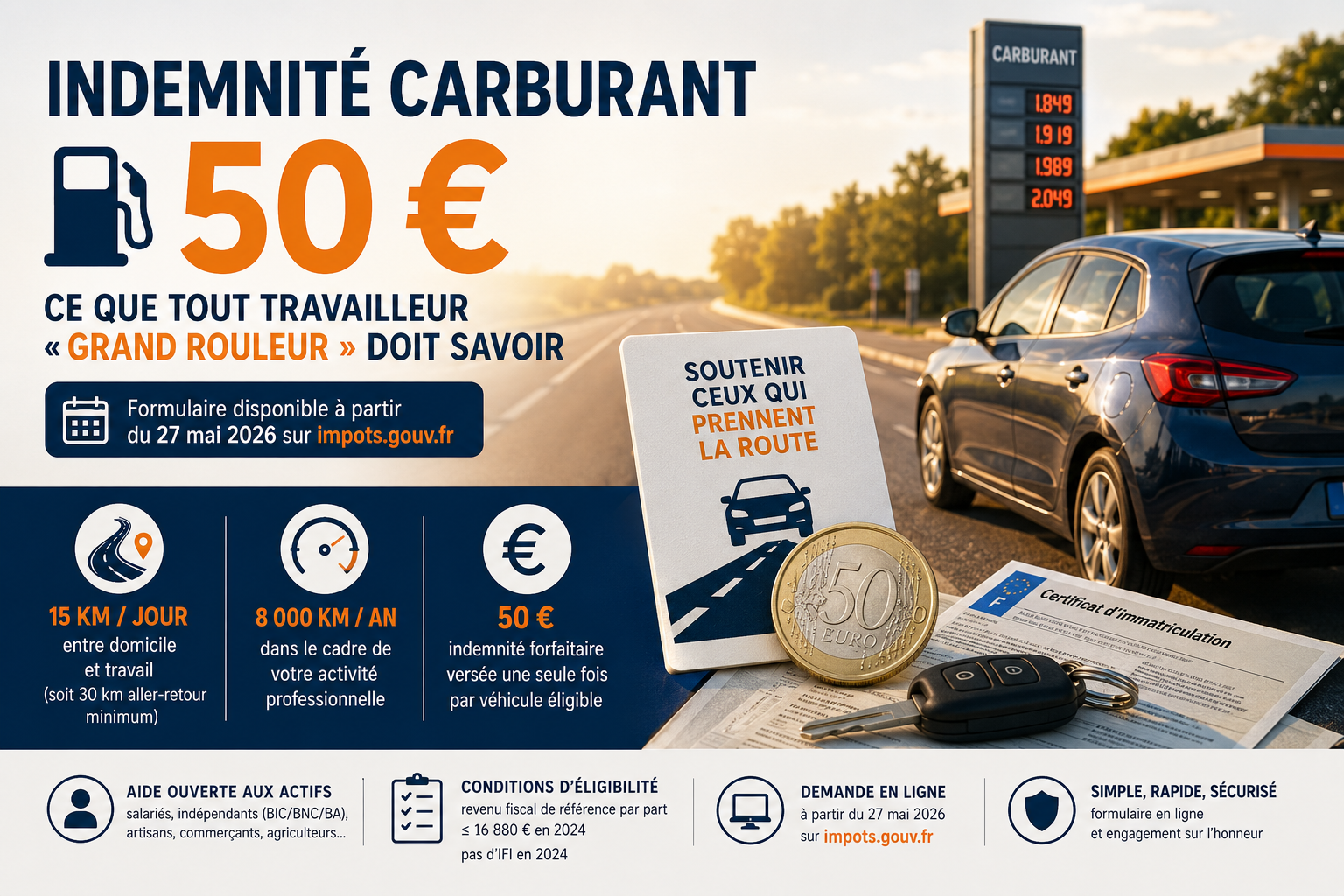 Indemnité carburant de 50 € : ce que tout travailleur « grand rouleur » doit savoir.