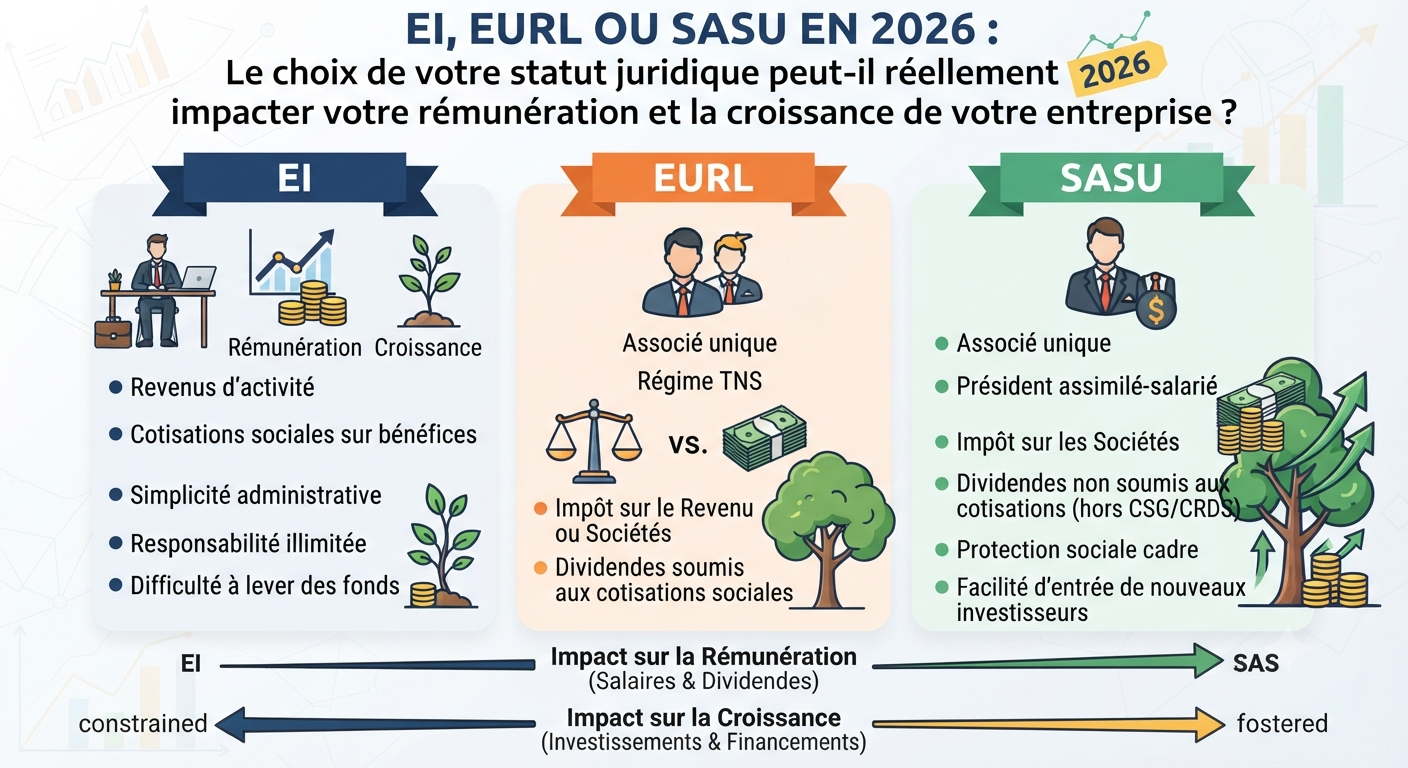 EI, EURL ou SASU en 2026 : le choix de votre statut juridique peut-il réellement impacter votre rémunération et la croissance de votre entreprise ?